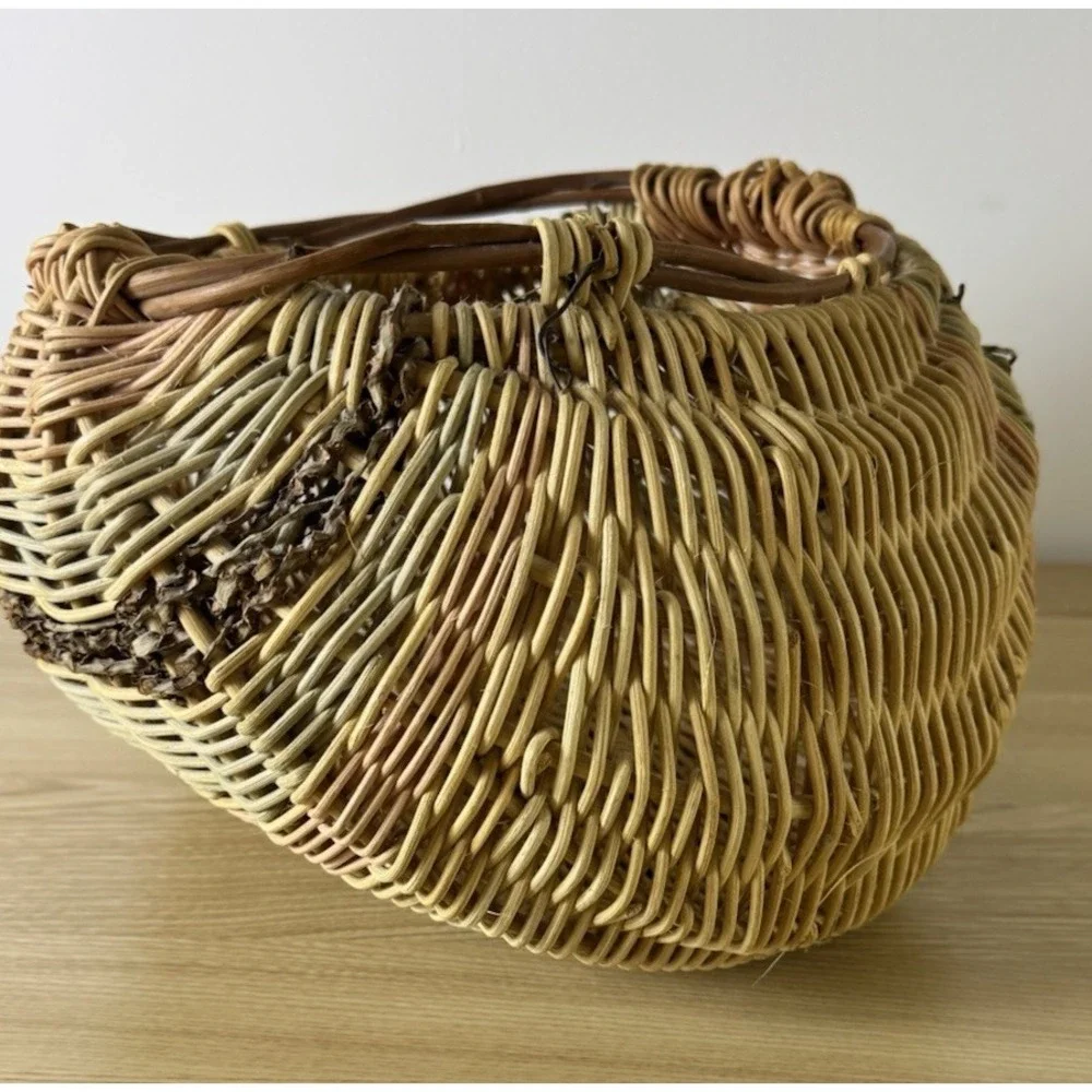 Hand Woven Rattan Wicker Seashell Basket Sculptural Boho Coastal Decor 12